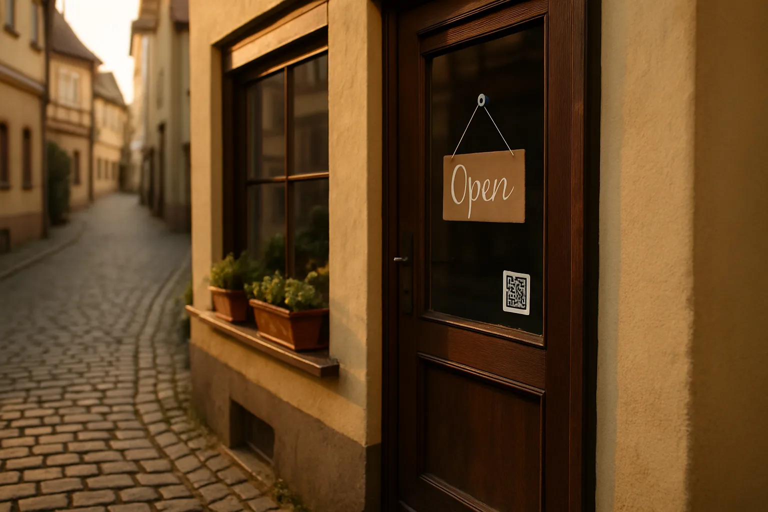Schaufenster eines kleinen deutschen Betriebs mit QR-Code als Hinweis auf die eigene Website