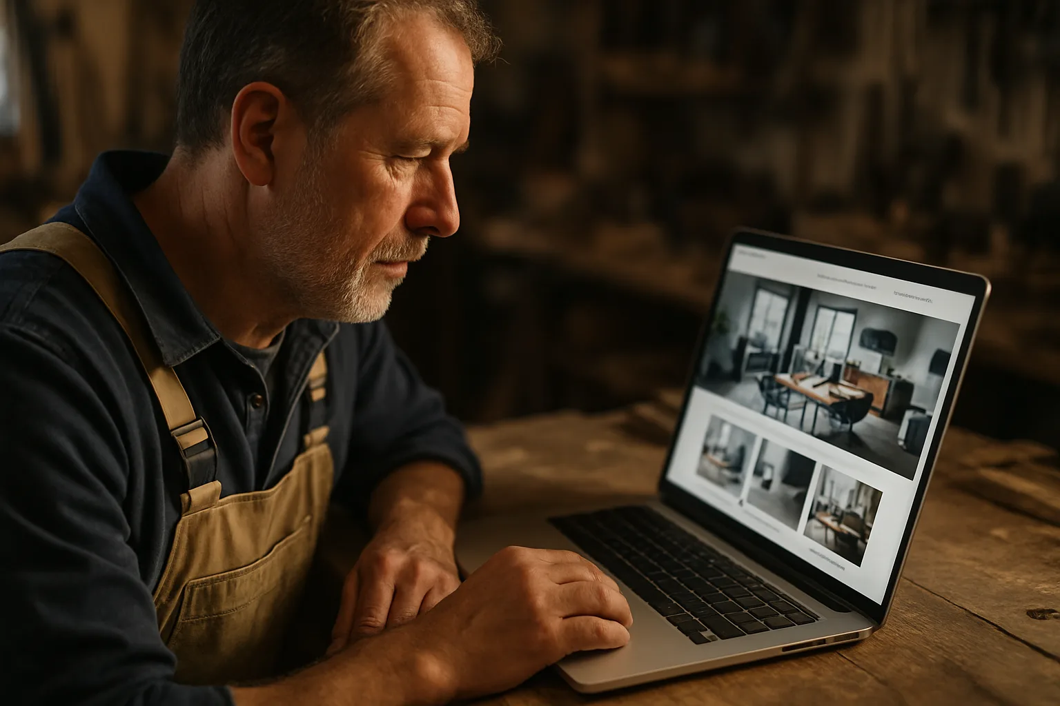 Handwerker betrachtet seine neue professionelle Website auf einem Laptop