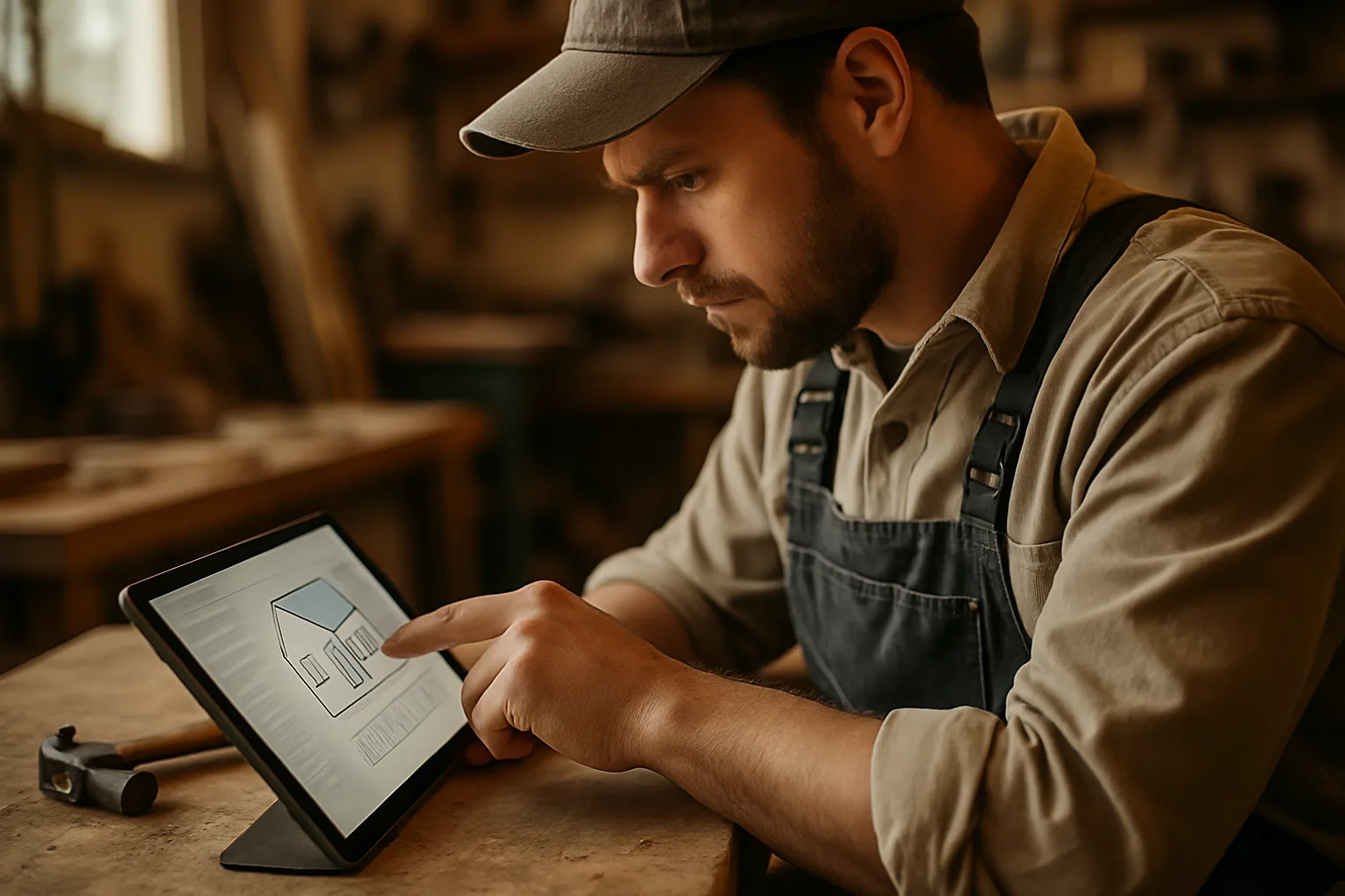 Handwerker konfiguriert seine neue Website auf einem Tablet in der Werkstatt