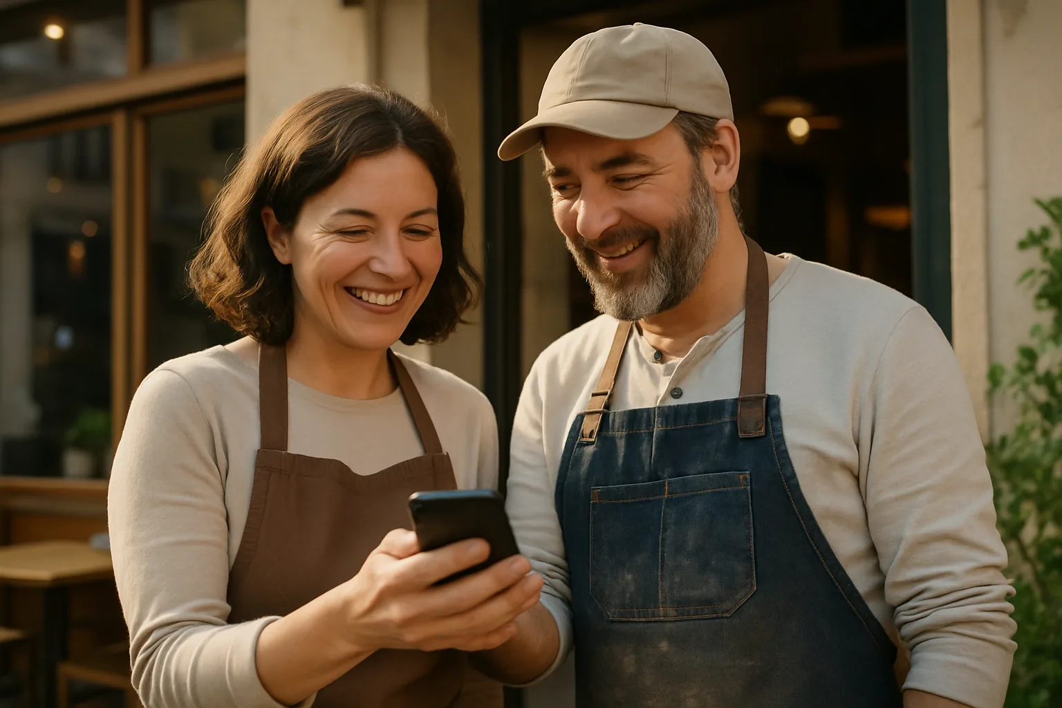 Zwei KMU-Inhaber schauen gemeinsam auf ihre neue Website auf dem Smartphone