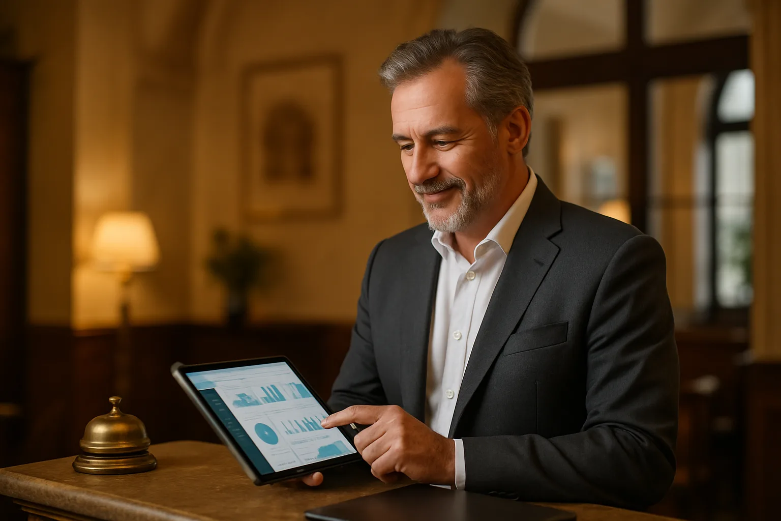 Business owner checking website performance on a tablet at the front desk of his small European hotel