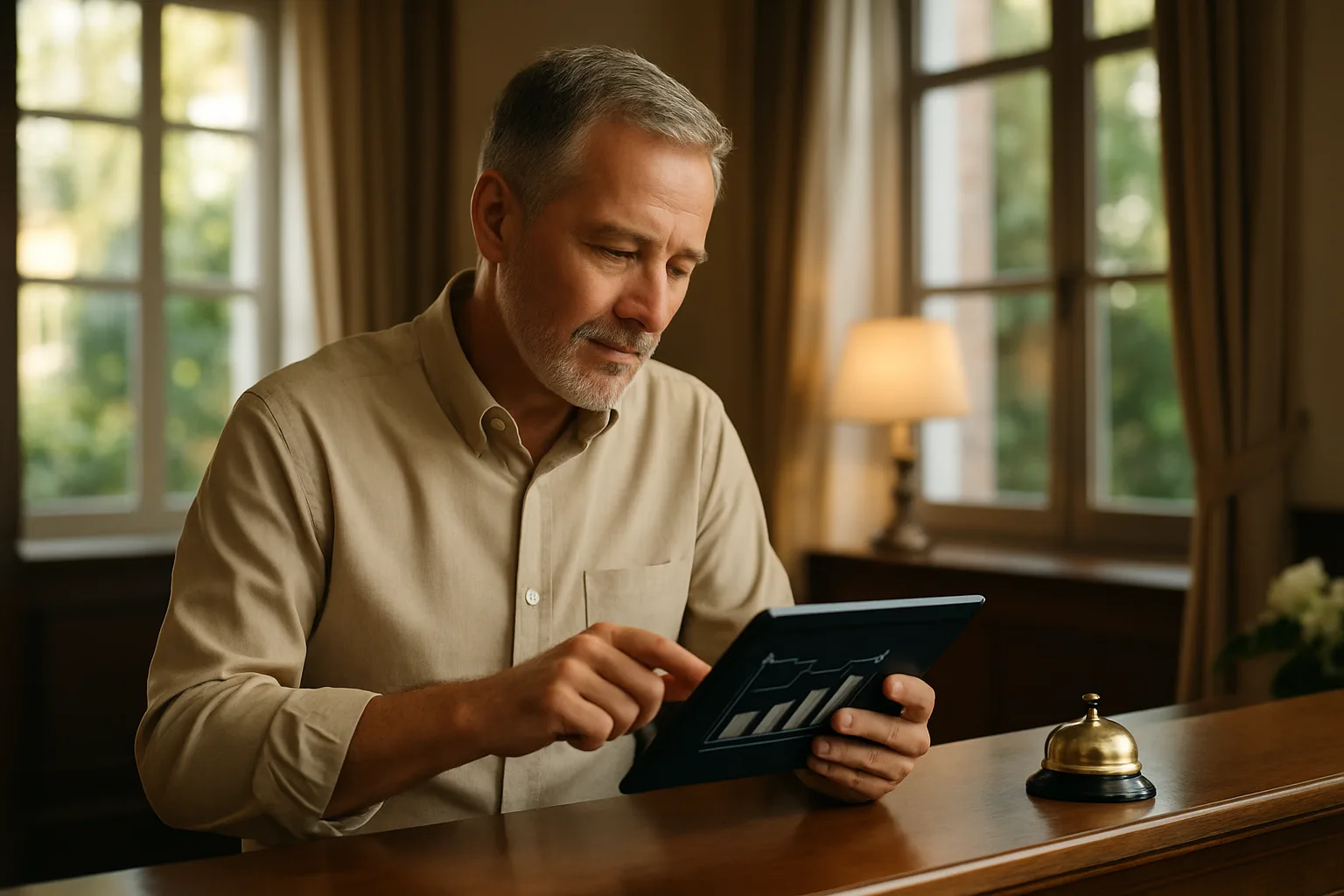 Hotelinhaber prüft Website-Performance auf einem Tablet an der Rezeption