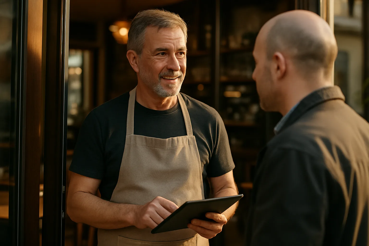 Gastronom im Café empfängt Kundenanfragen über seine Website auf einem Tablet