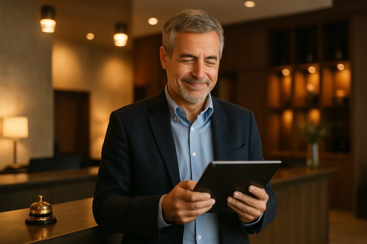 Hotelier prüft fertige KI-Website auf dem Tablet an der Rezeption