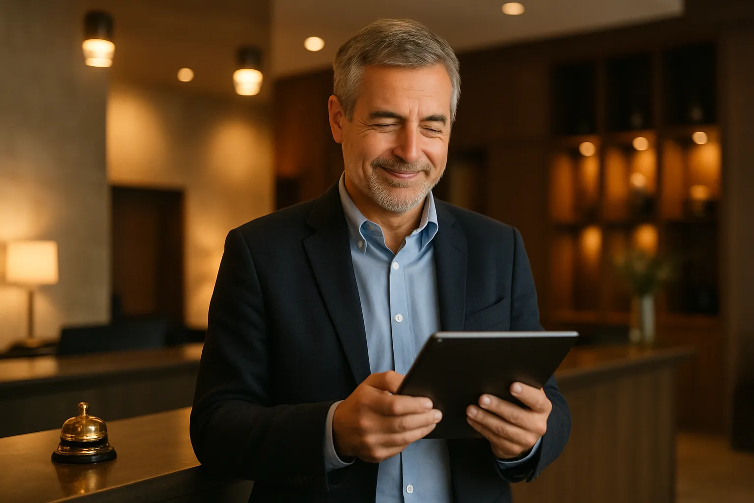 Hotelier prüft fertige KI-Website auf dem Tablet an der Rezeption