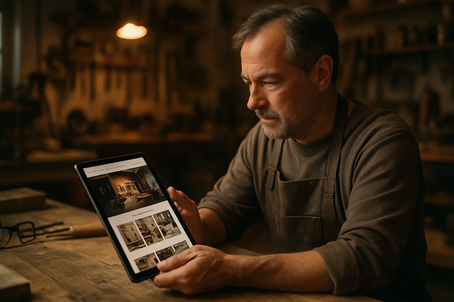 Handwerker prüft die fertige professionelle Website seines Betriebs auf einem Tablet