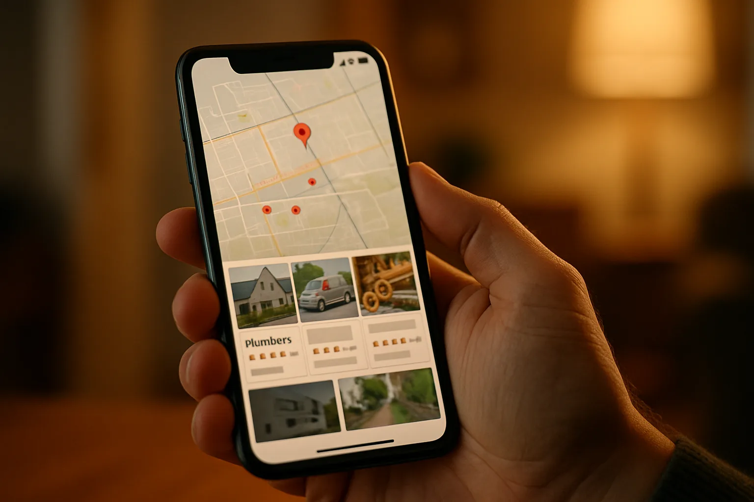 Homeowner searching for a plumber near me on Google Maps on a smartphone