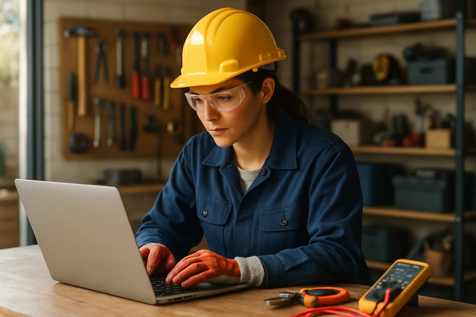 Local electrician reviewing her business's online presence on a laptop in her workshop