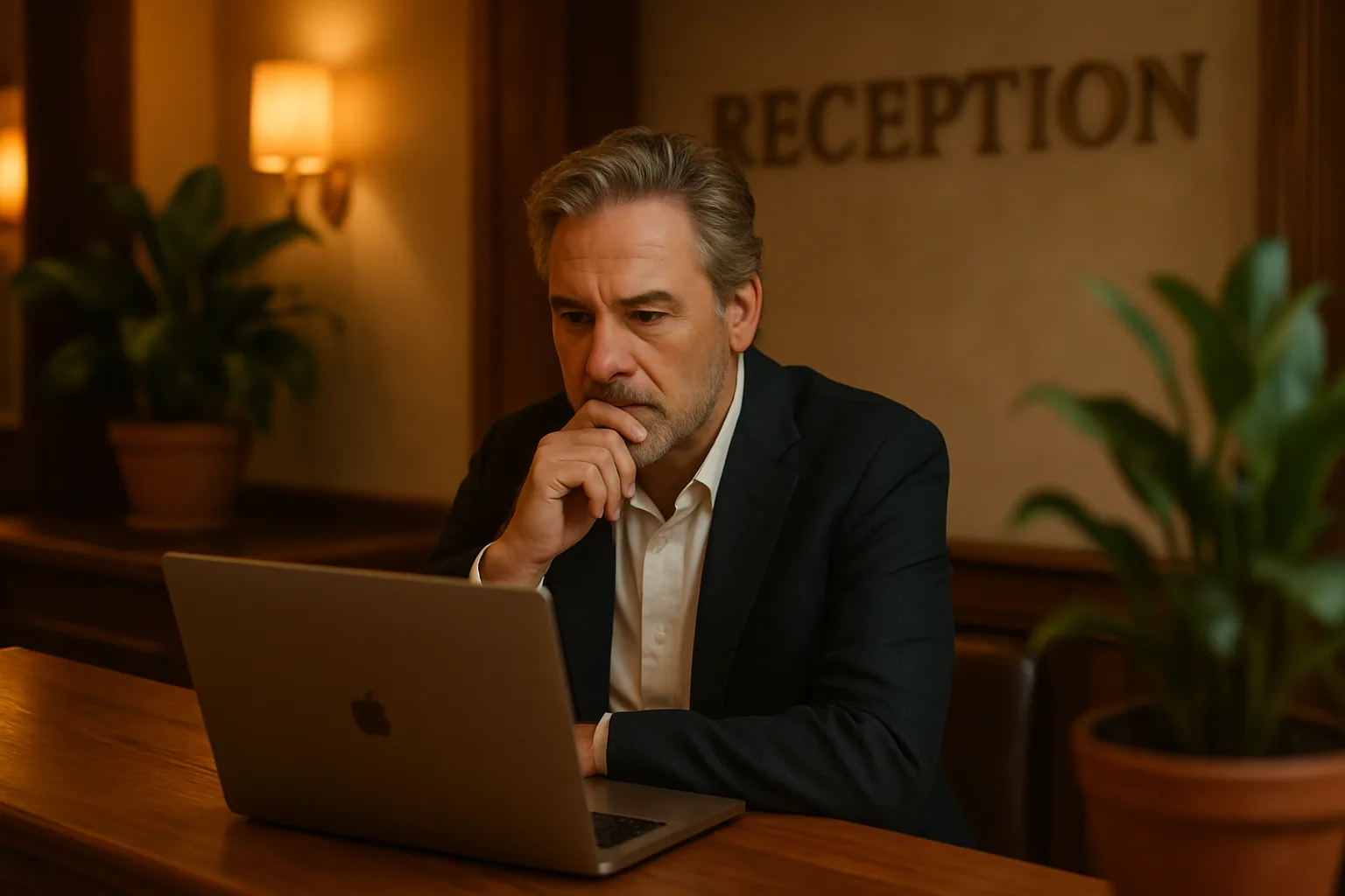A hotel owner reviewing their property's Google presence on a laptop at the front desk