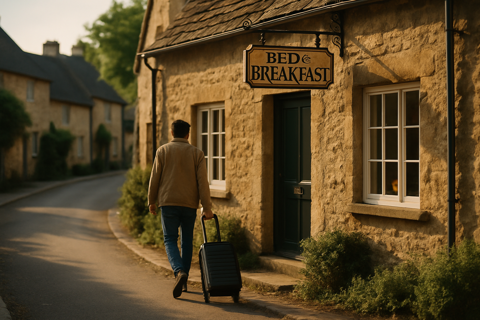 Guest arriving at a small bed and breakfast on a quiet street