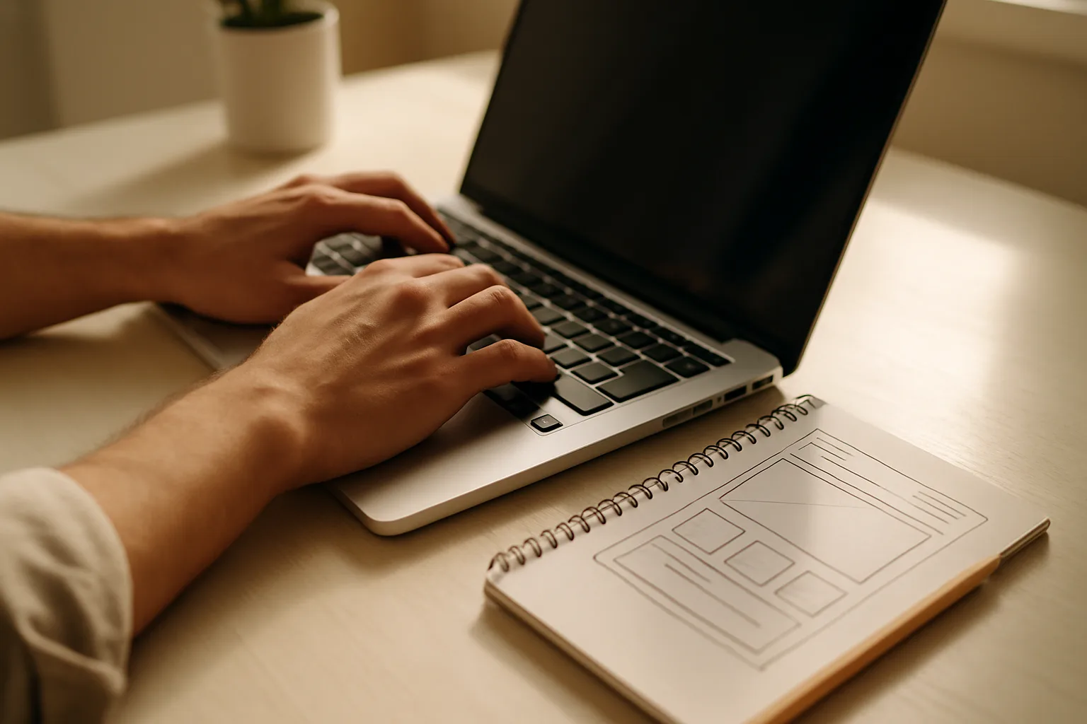 Webdesigner plant den Aufbau einer professionellen WordPress-Website am Schreibtisch