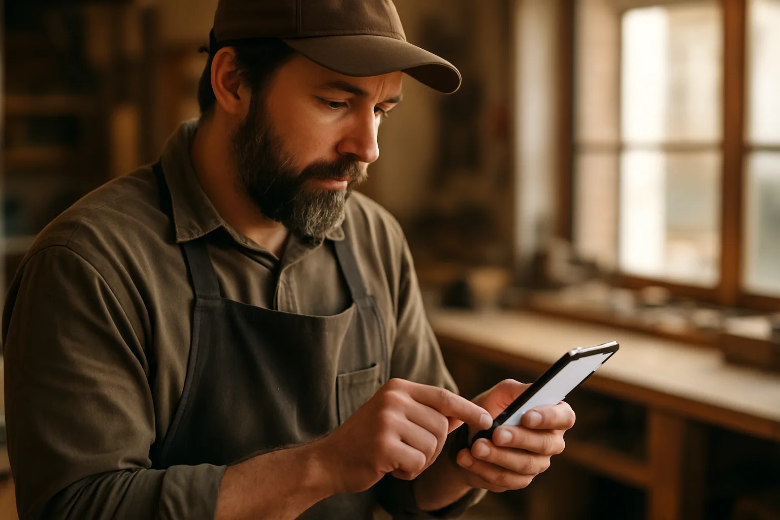 Handwerker prüft seine fertige Unternehmenswebsite auf dem Smartphone in seiner Werkstatt